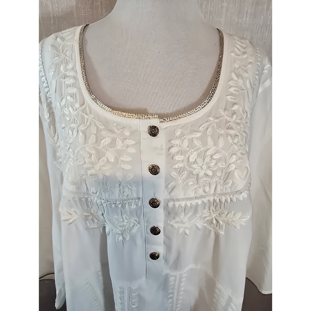 Soft Surroundings White Embroidered Cotton Tunic Top Metallic Gold Trim Size XL - Picture 2 of 16
